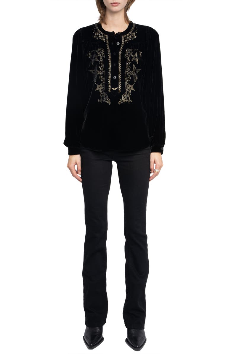 Zadig & Voltaire Tigy Embroidered Velvet Popover Shirt, Alternate, color, Black