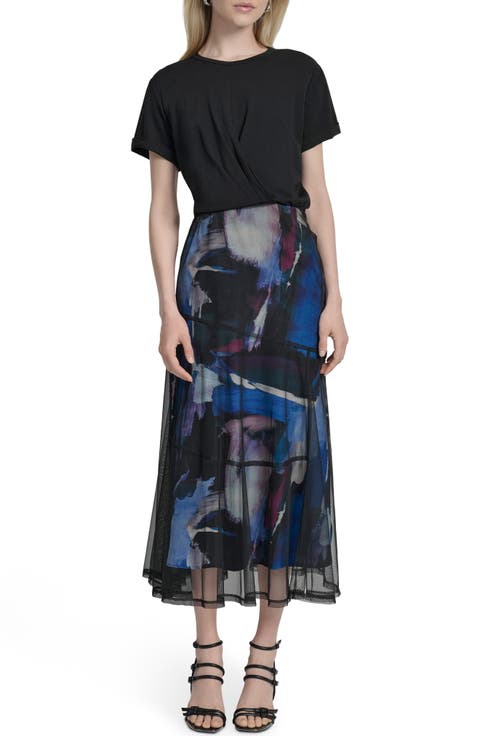 【DKNY】フローラル ミディドレス DKNY Women's Sleeveless Tie Fit & Flare Midi Dress, Navy