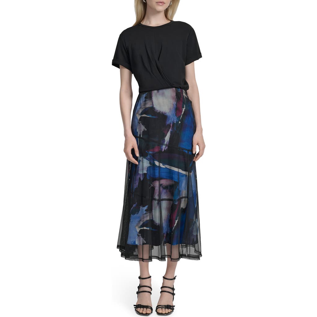 Dkny Print Skirt Mixed Media Dress In Multi