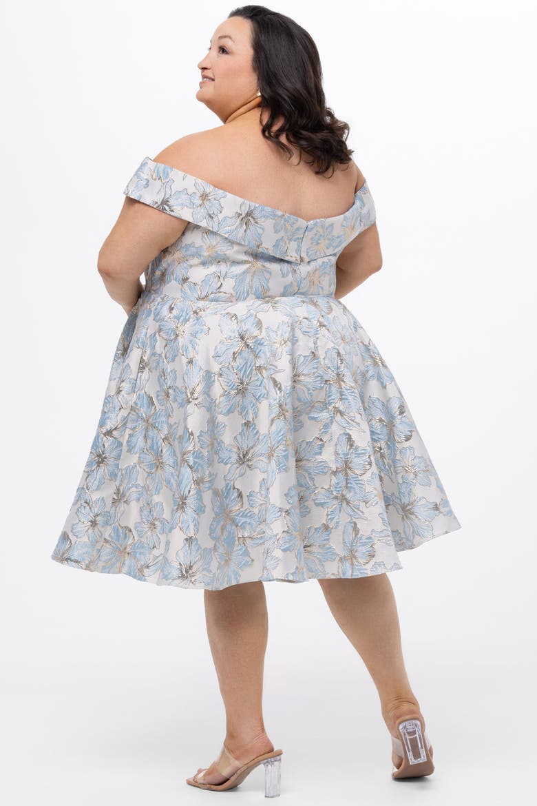 Off-The-Shoulder Brocaade Plus Size Party Dress, Alternate, color, Light Blue Floral