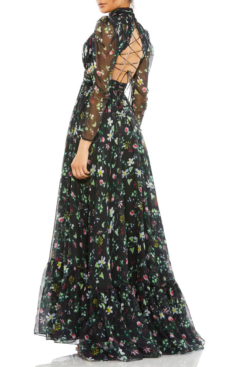 Mac Duggal Floral Chiffon High-Neck Gown with Sheer Puff Sleeves and Lace-Up Cutouts, Alternate, color, Black Floral