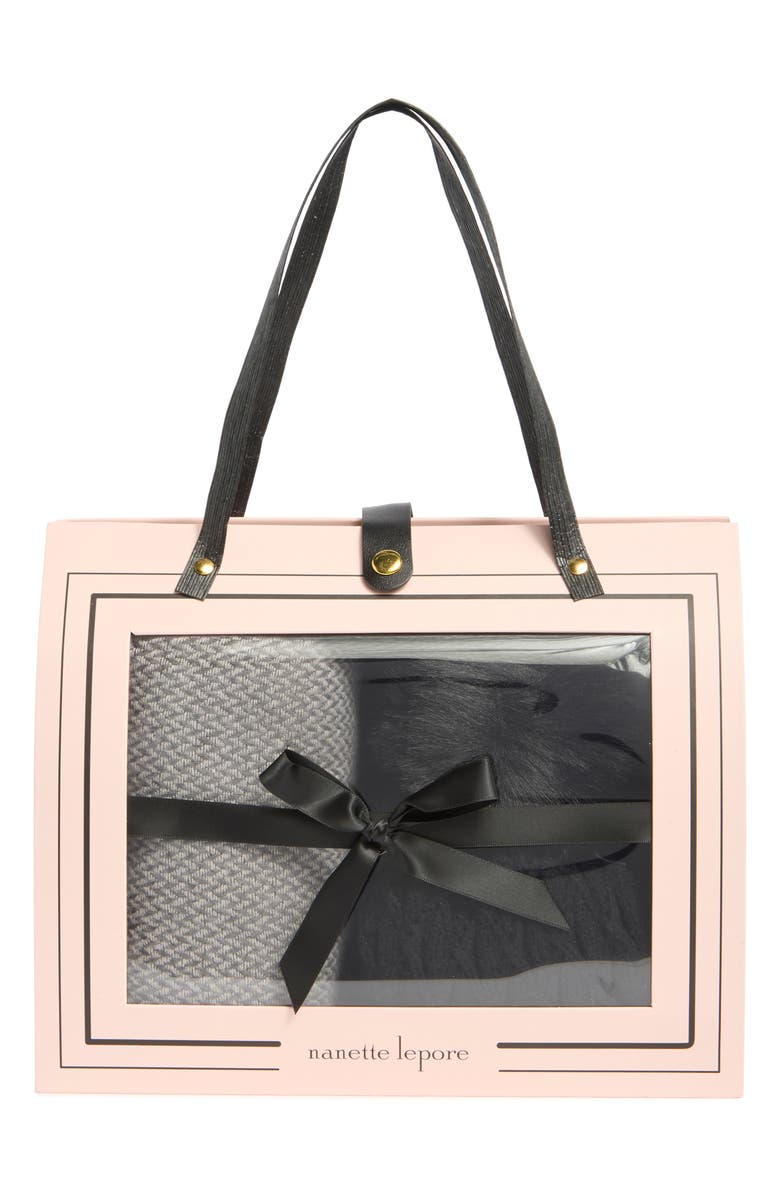 Nanette Lepore Faux Fur Pompom Beanie & Scarf Gift Set, Alternate, color, Black/ Light Grey