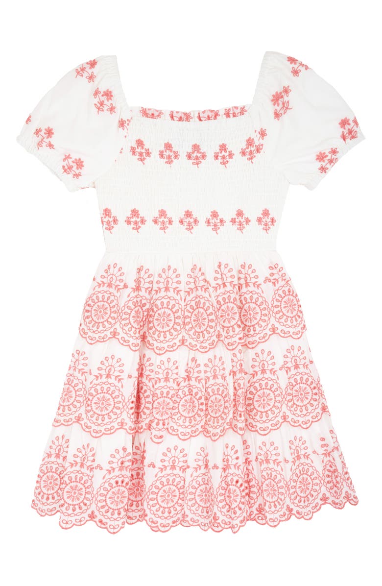 Rare Editions Kids' Cotton Eyelet Smocked Dress, Alternate, color, Coral