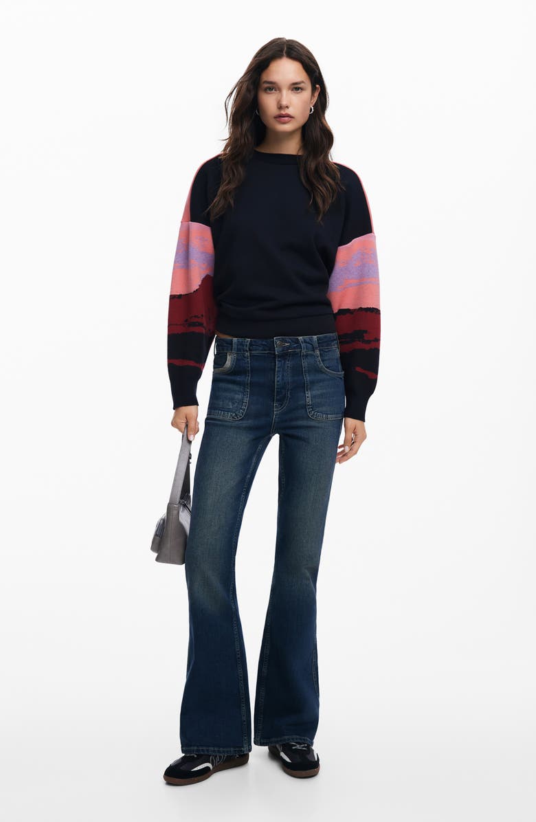 Desigual Karla Print Crop Sweater, Alternate, color, Black