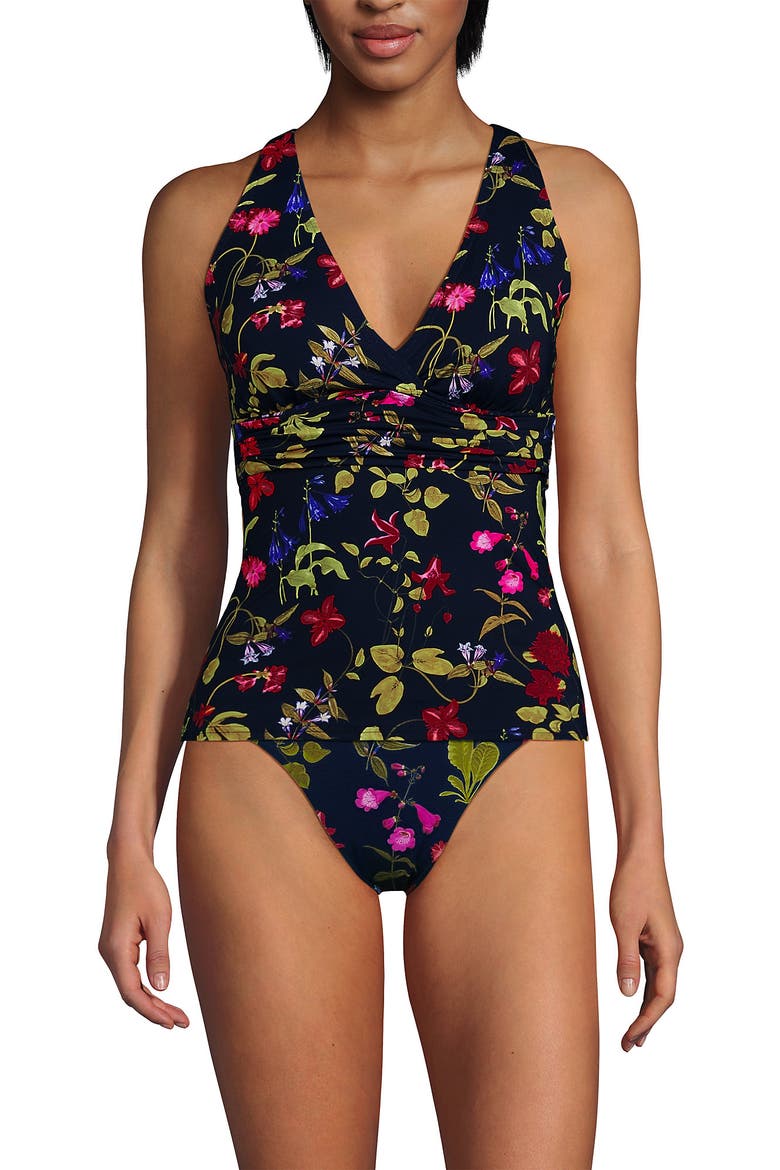 Chlorine Resistant Plunge X-Back Tankini Swimsuit Top, Main, color, Deep Sea Multi Garden Floral