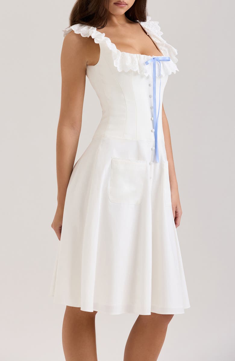 HOUSE OF CB Mathilde Lace Trim Corset Midi Dress, Alternate, color, Cloud Dancer