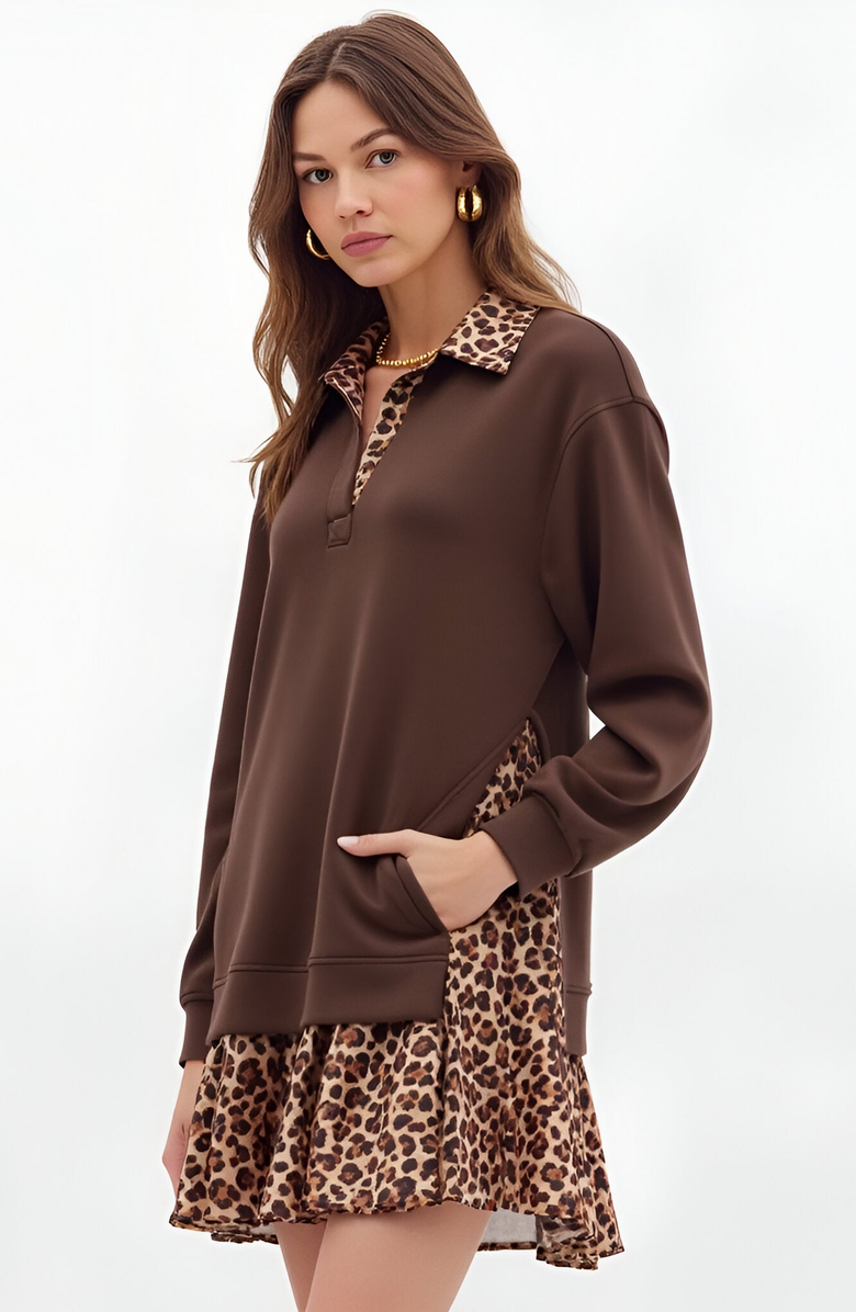 Modenaire Layered Mini Dress with Leopard Print Skirt and Contrast Collar, Alternate, color, 