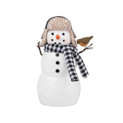 Plaid Scarf Snowman Chickadee Small Christmas Figurine
