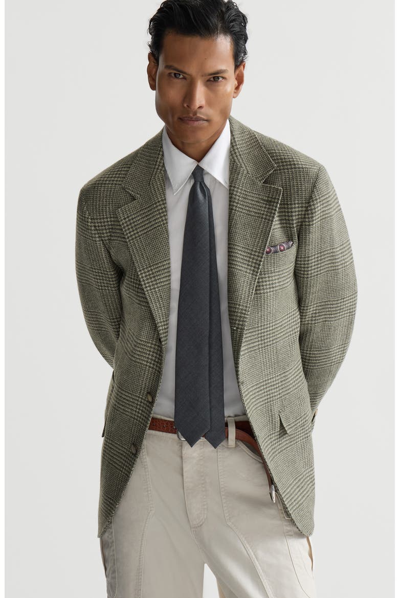 Comfort wool and cashmere Prince of Wales flannel deconstructed blazer, Alternate, color, Military