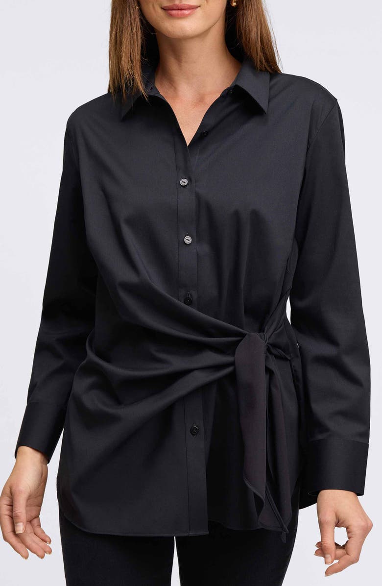 Foxcroft Sabine Side Tie Button-Up Shirt, Main, color, Black