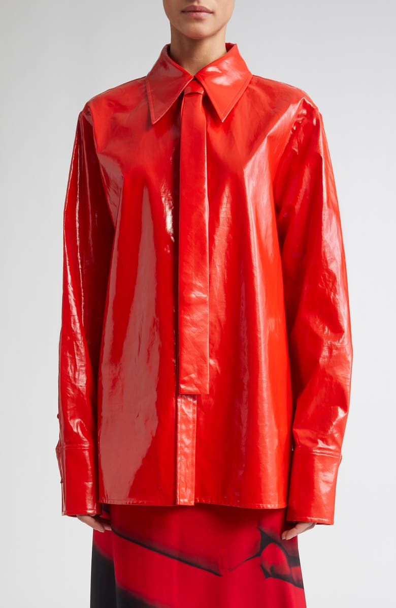 Jil Sander Relaxed Coated Linen Button-Up Shirt with Tie, Main, color,