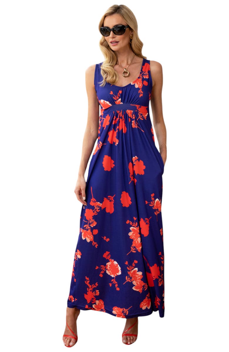 HotSquash London Clothing Empire Line Maxi Dress, Main, color, Blue With Red Flowers