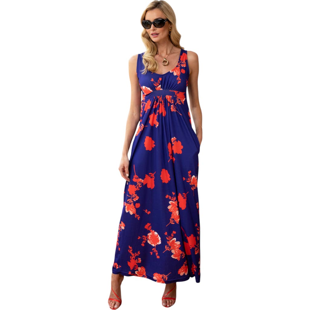 HotSquash London Clothing Empire Line Maxi Dress in Blue With Red Flowers  product