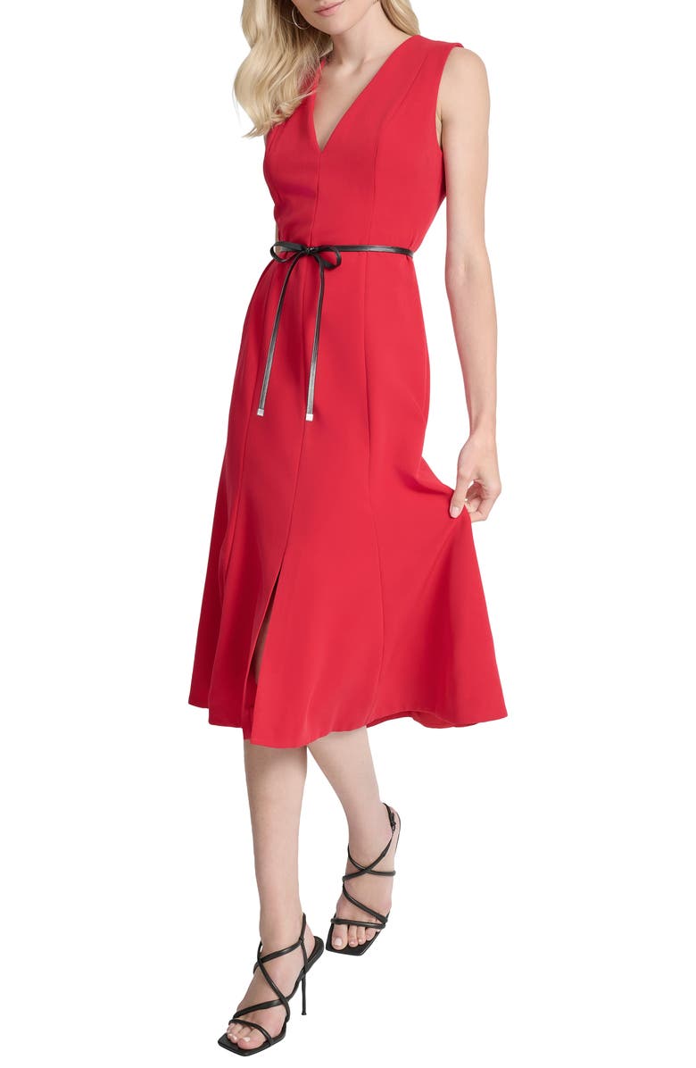 DKNY V-Neck Sleeveless Fit & Flare Midi Dress, Alternate, color, City Crimson