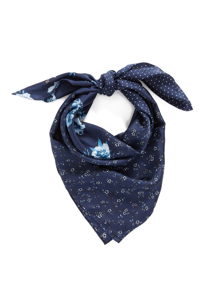 prairie rose patchwork silk square scarf, Alternate, color, VOYAGE BLUE