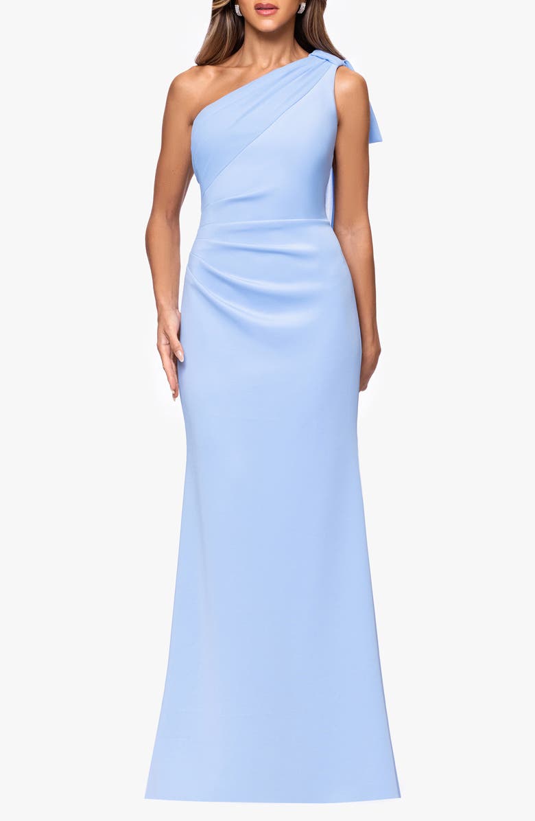 Xscape Evenings Sash Detail One-Shoulder Scuba Crepe Sheath Gown, Main, color,