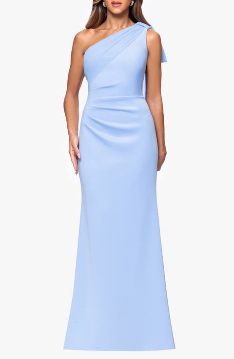 Sash Detail One-Shoulder Scuba Crepe Sheath Gown