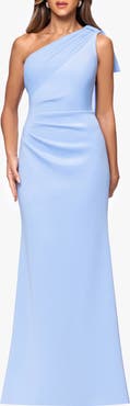 Xscape Evenings Sash Detail One-Shoulder Scuba Crepe Sheath Gown