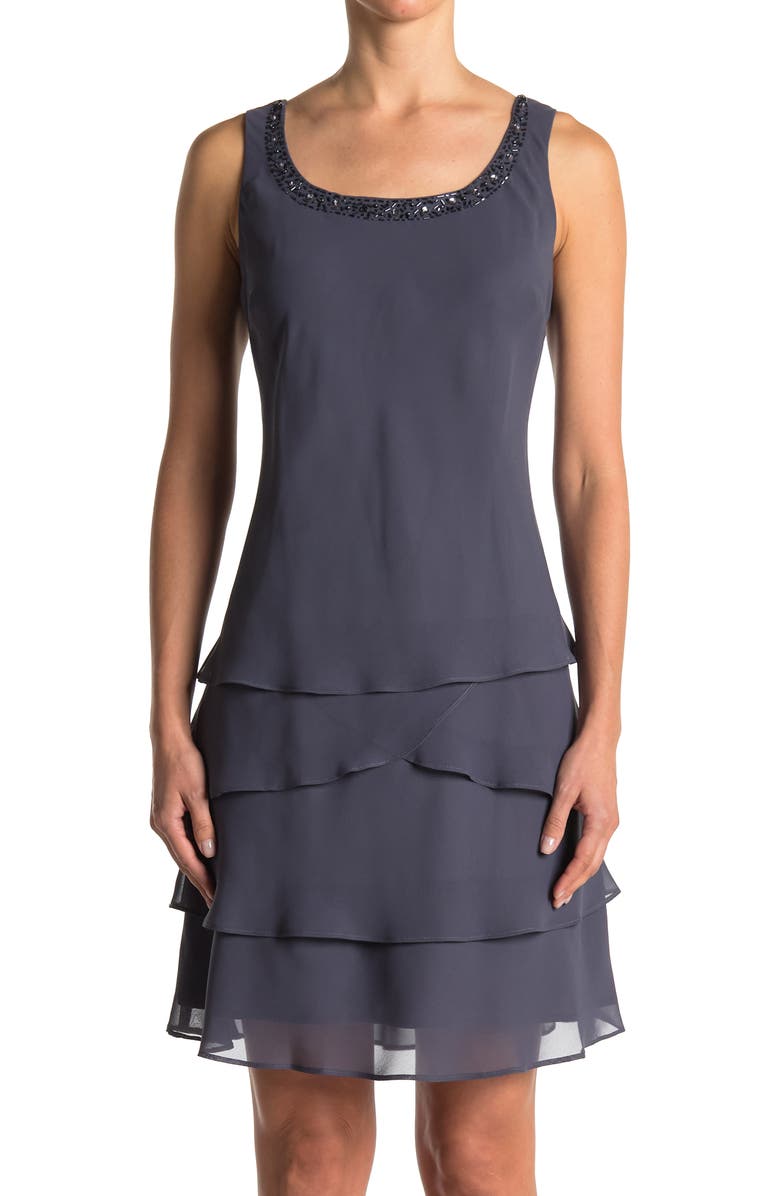 SL FASHIONS Beaded Accent Jacket & Tiered Dress 2-Piece Set, Alternate, color,