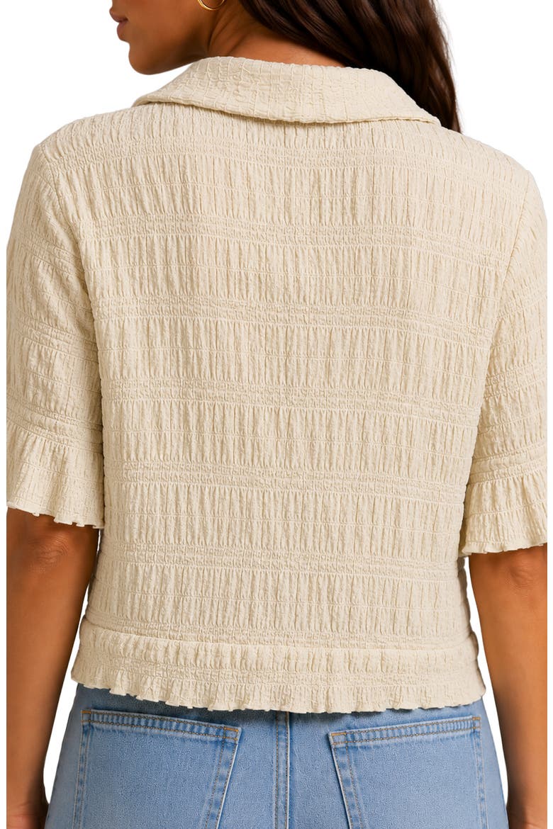 Crinkled Knit Short Sleeve Button-Up Top, Alternate, color, ECRU