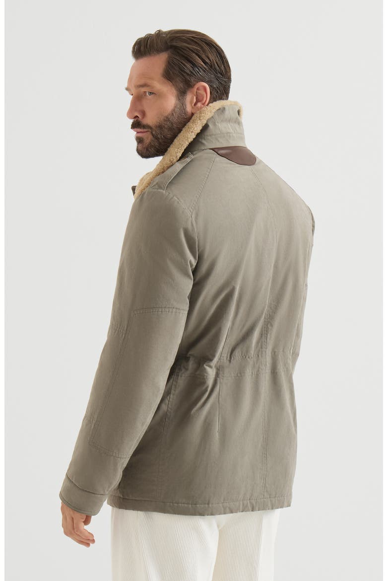 Waxed techno cotton safari jacket with Thermore® padding, nappa leather inserts and shearling collar, Alternate, color, Medium Grey