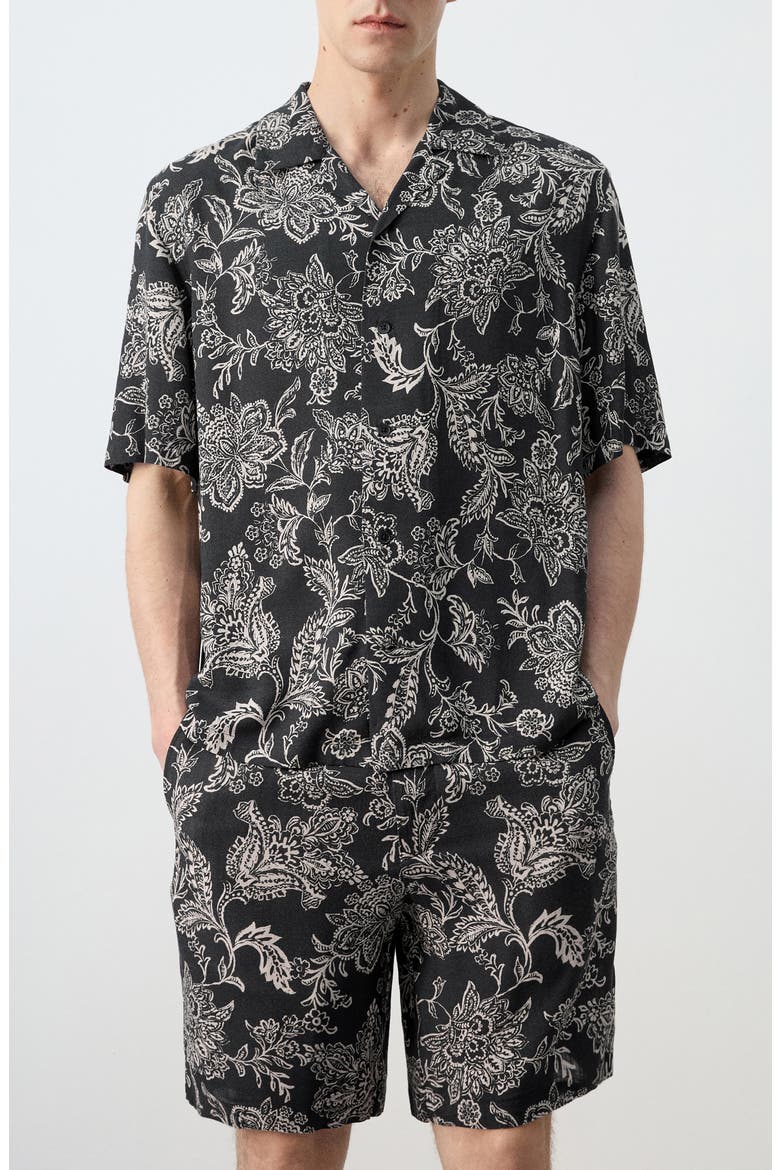 Floral Print Camp Shirt, Main, color, BLACK