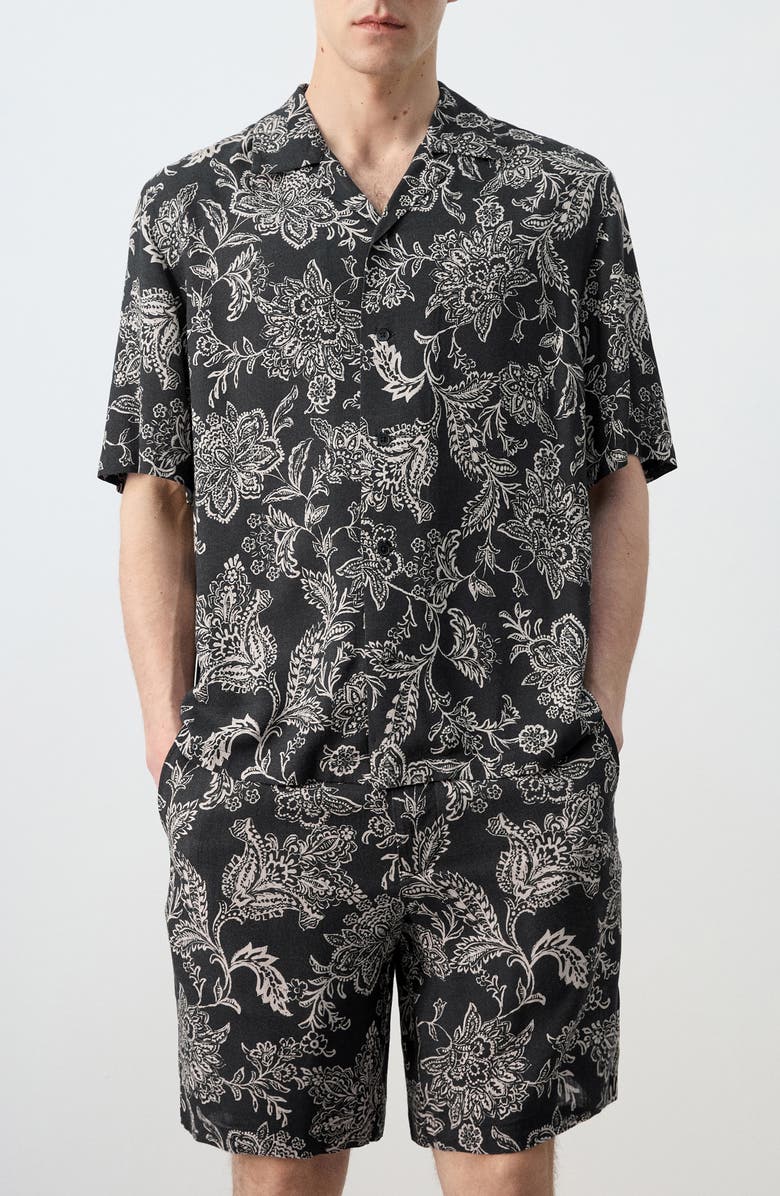 MANGO Floral Print Camp Shirt, Main, color, Black