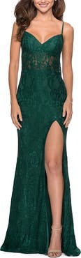 La Femme Lace Prom Gown With Sheer Bodice and Tie Up Back