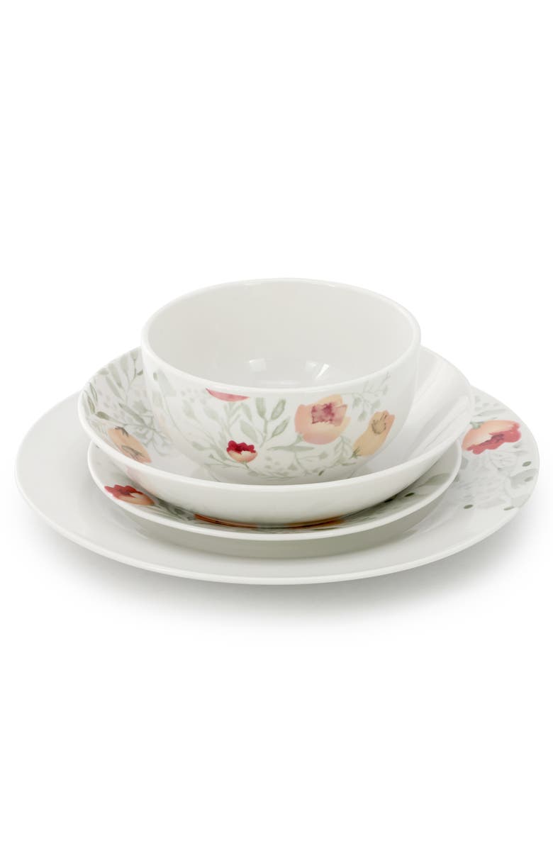 Elama Poppy 24 Piece Porcelain Double Bowl Dinnerware Set, Service for 6, Alternate, color, White