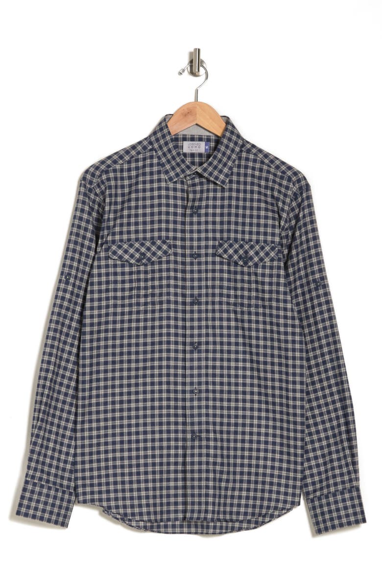 Lorenzo Uomo Trim Fit Flannel Check Cotton Dress Shirt, Alternate, color, Navy/ Grey