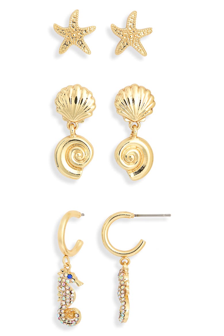 Follow the Current Set of 3 Stud & Drop Earrings, Alternate, color, GOLD