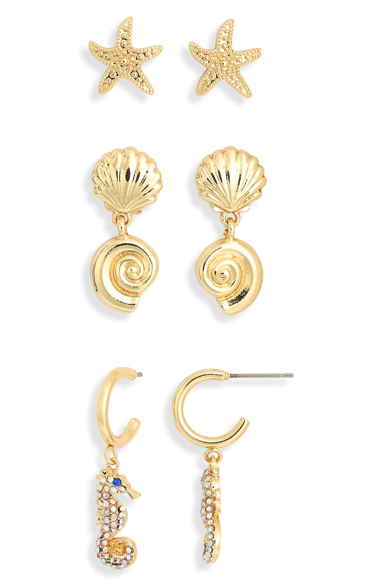 BaubleBar Follow the Current Set of 3 Stud & Drop Earrings, Alternate, color, Gold