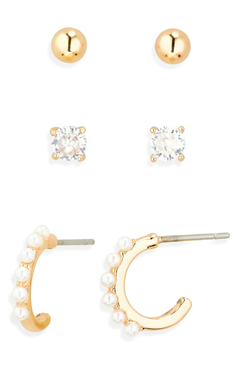 Three-Piece Stud & Huggie Earrings Set, Main, color, CLEAR- WHITE- GOLD