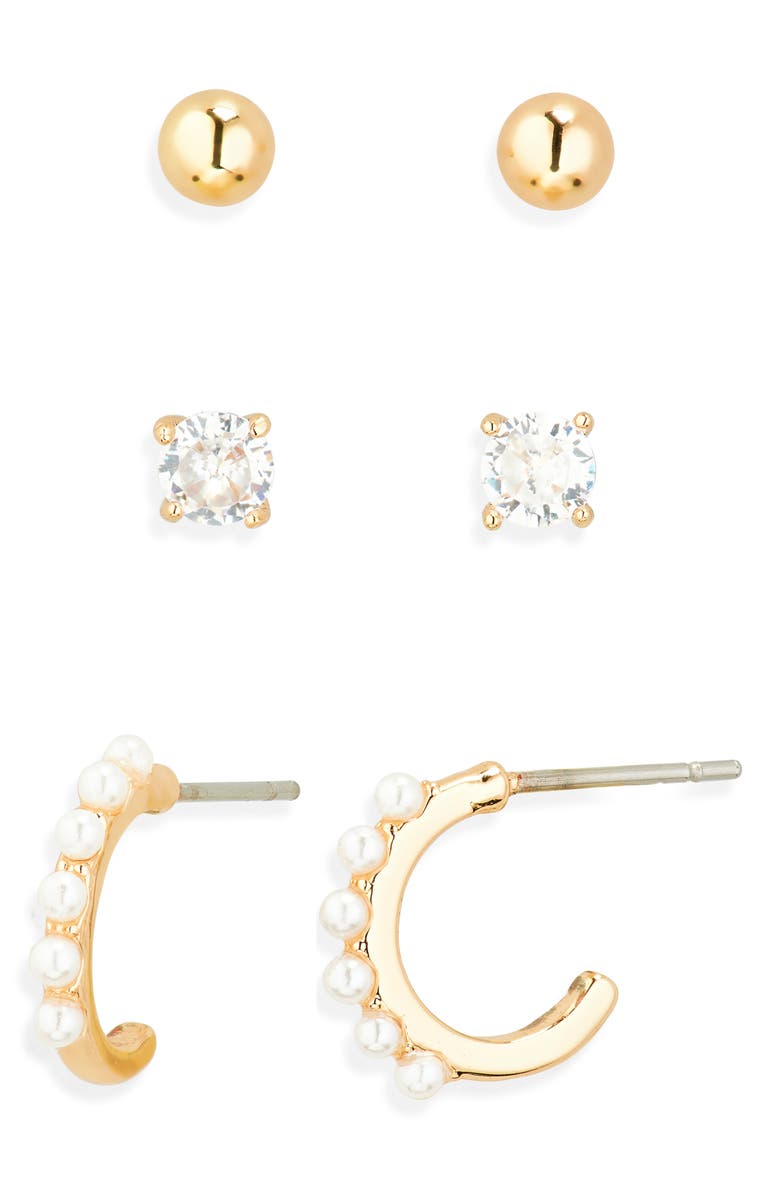 NORDSTROM RACK Three-Piece Stud & Huggie Earrings Set, Main, color, Clear- White- Gold