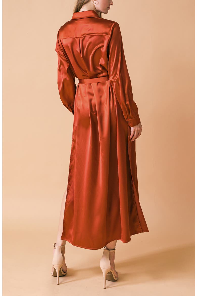 Long Sleeve Satin Midi Shirtdress, Alternate, color, RUST