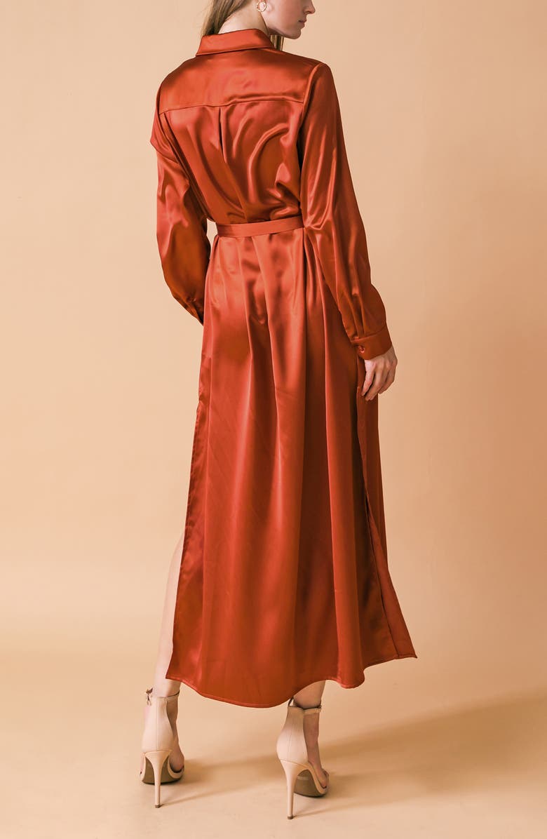 FLYING TOMATO Long Sleeve Satin Midi Shirtdress, Alternate, color, Rust