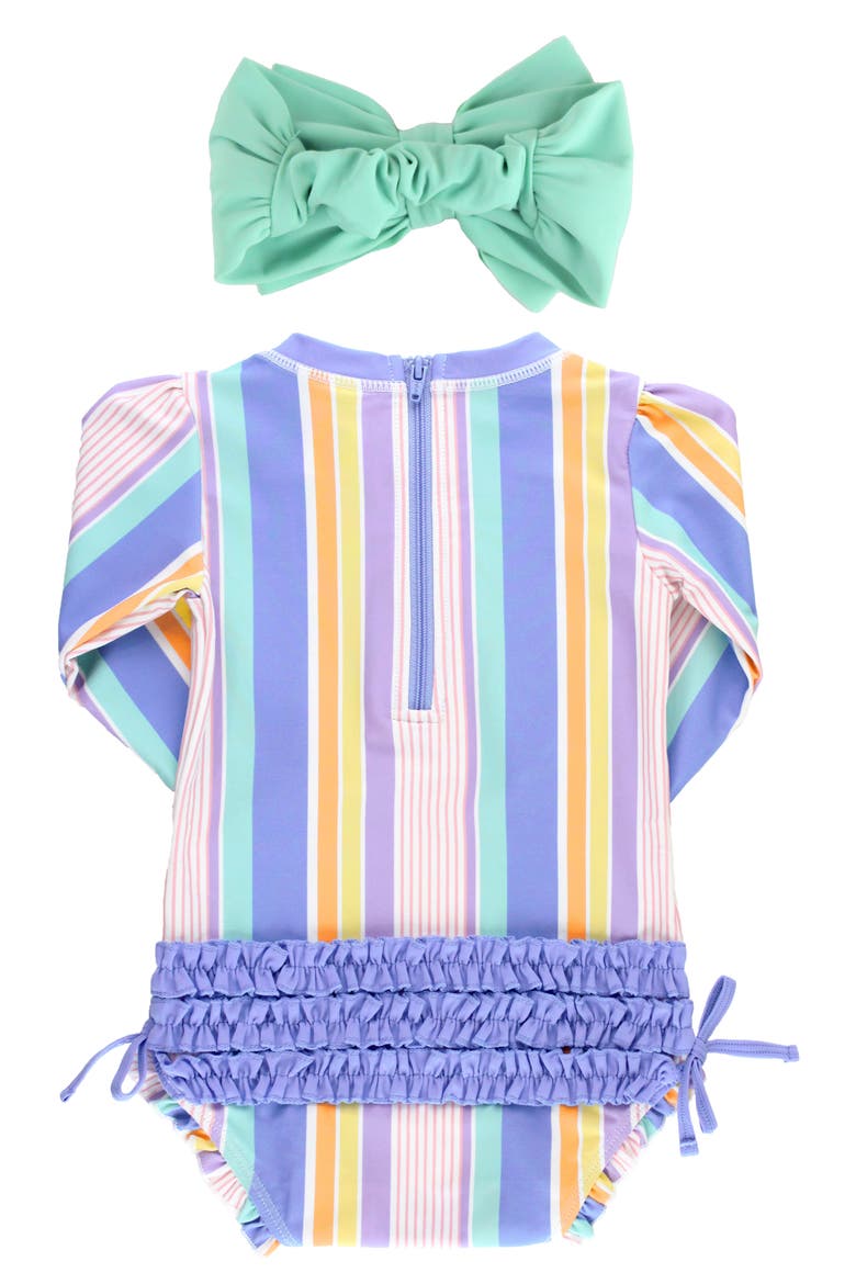 Rainbow Lane Stripe One-Piece Rashguard Swimsuit & Head Wrap Set, Alternate, color, MULTI-COLOR