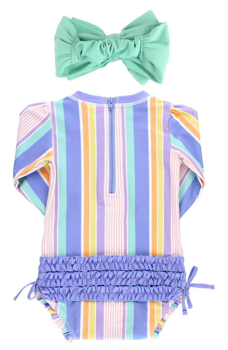 RuffleButts Rainbow Lane Stripe One-Piece Rashguard Swimsuit & Head Wrap Set, Alternate, color,