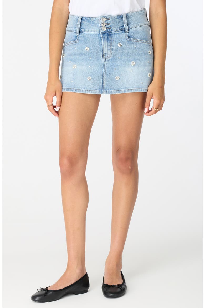 Simone Faux Pearl Embellished Denim Miniskirt, Main, color, LIGHT WASH