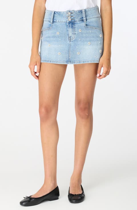 Simone Faux Pearl Embellished Denim Miniskirt