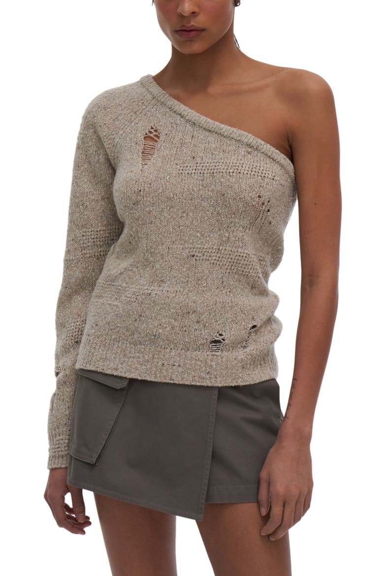 Distressed One-Shoulder Sweater, Main, color, SANDSTORM