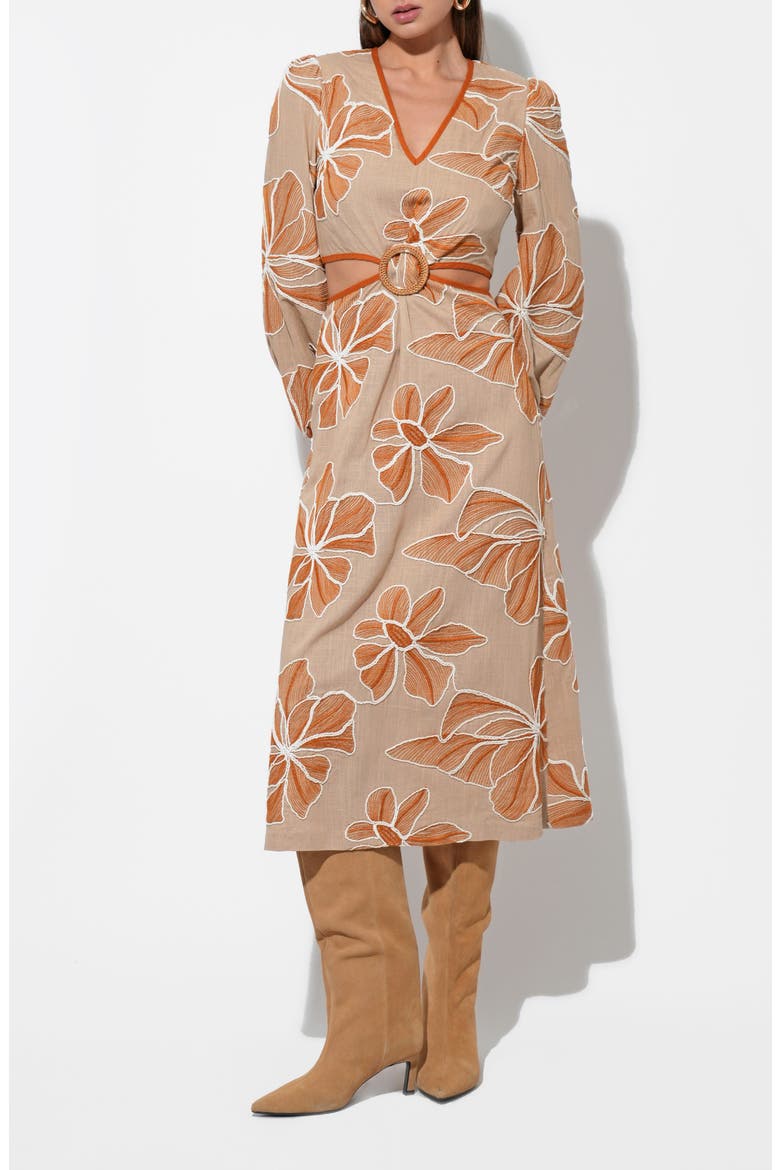 Joy Embroidered Side Cutout Long Sleeve Midi Dress, Alternate, color, NATURAL/ RUST