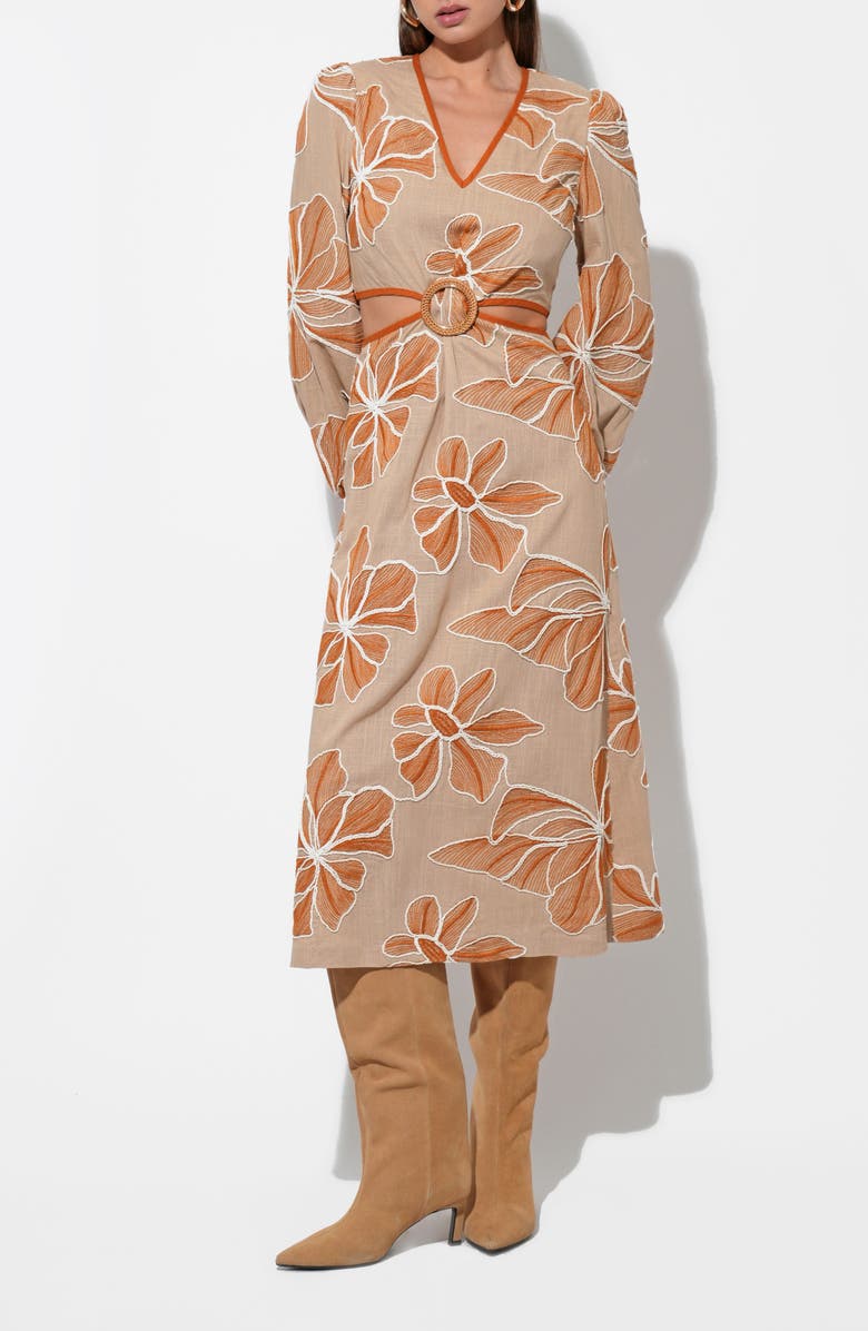 Adelyn Rae Joy Embroidered Side Cutout Long Sleeve Midi Dress, Alternate, color, Natural/ Rust