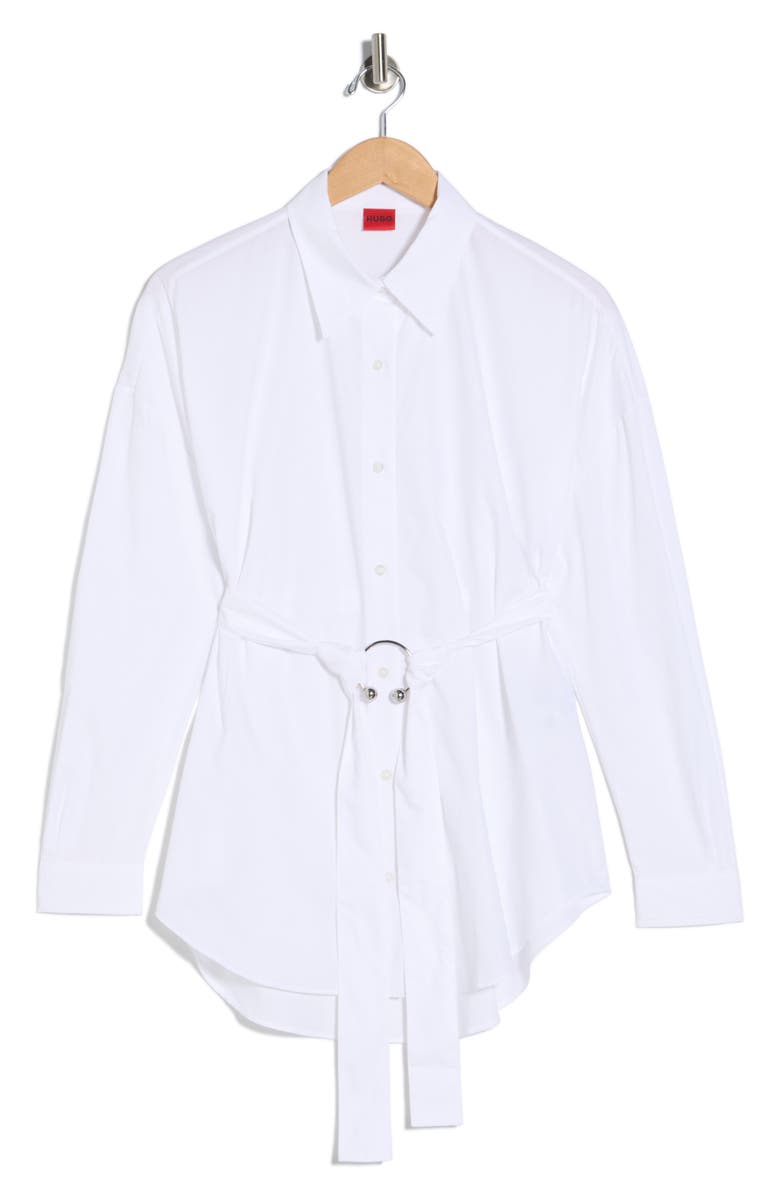 BOSS Eprilia Belted Cotton Button-Up Shirt, Main, color, White