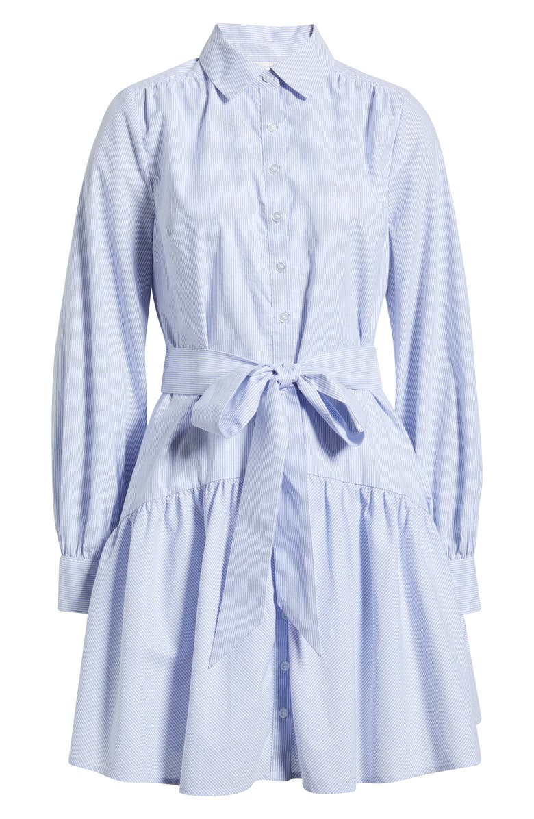 Caslon<sup>®</sup> Stripe Long Sleeve Tiered Mini Shirtdress, Alternate, color, Blue- White Silver Stripe