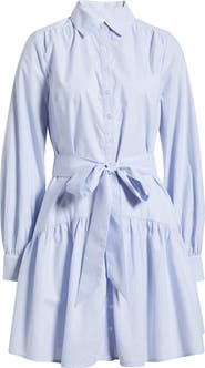 Caslon® Stripe Long Sleeve Tiered Mini Shirtdress