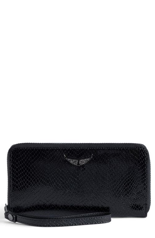 Zadig & Voltaire Compagnon Glossy Snake Texture Zip Wallet In Black