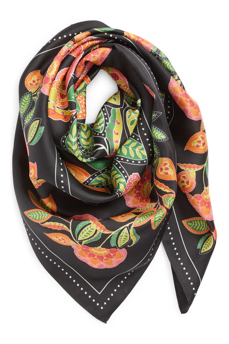 Botanical Print Square Silk Scarf, Alternate, color, BLACK POTTERY PAISLEY