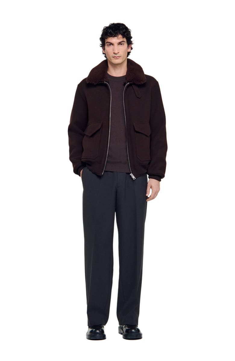 SANDRO Wool aviator jacket with shearling, Alternate, color, Chocolate