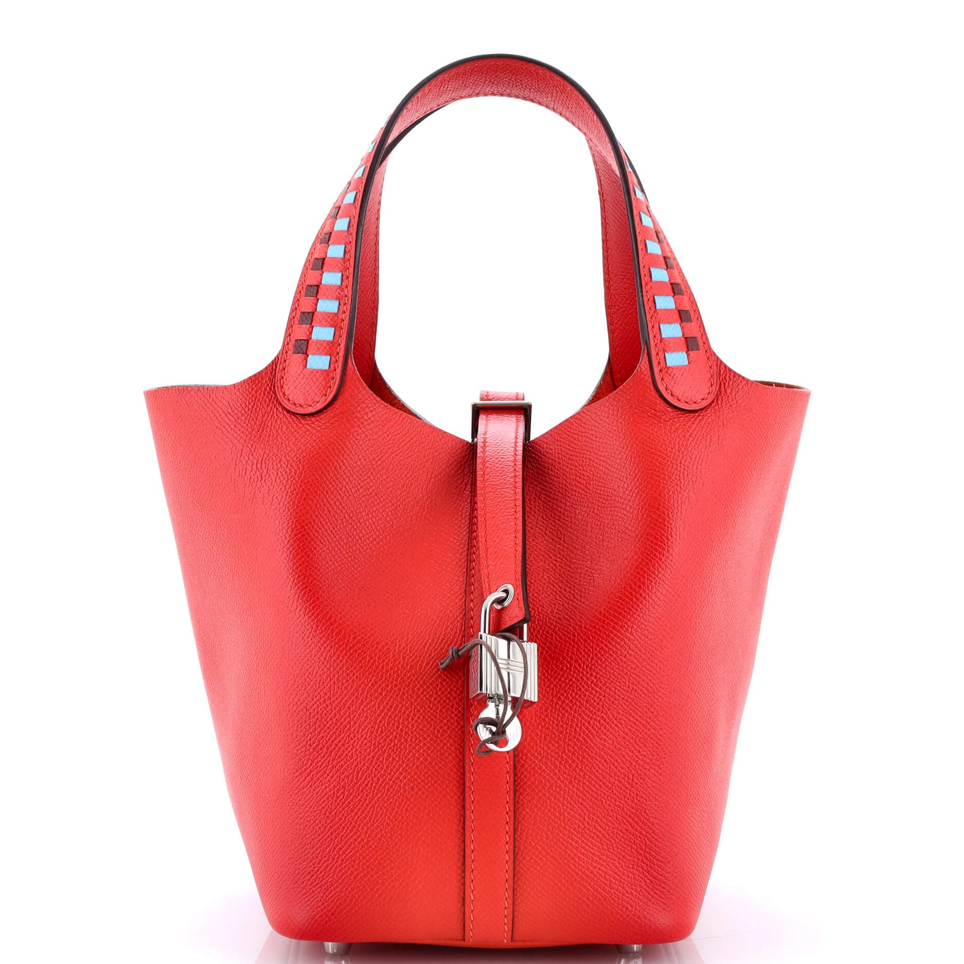 Pre-Owned Hermes Picotin Lock Bag Tressage Epsom PM, Main, color, Capucine/Bleu Du Nord/Rouge H